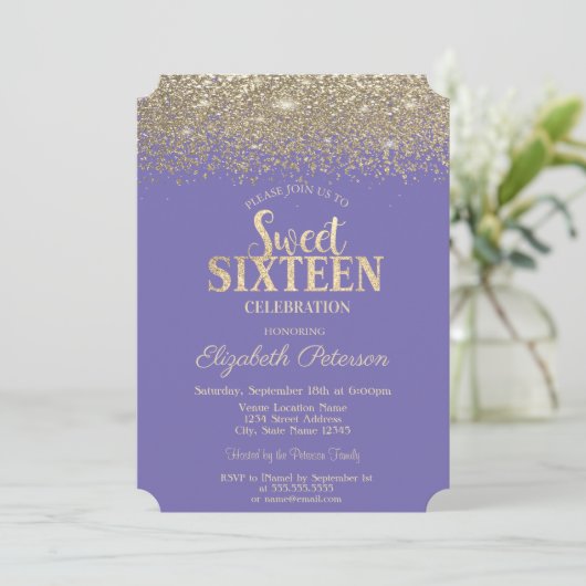 Elegant Gold Confetti Diamonds Lavander Sweet 16 Einladung (Stehend Vorderseite)