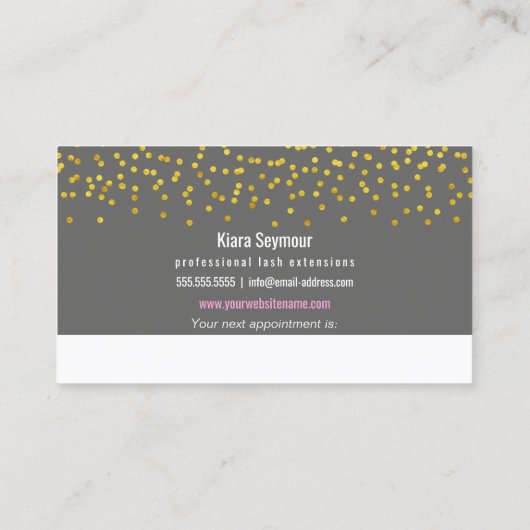 Elegant Gold Confetti Eyelash Extensions Terminkarte (Rückseite)