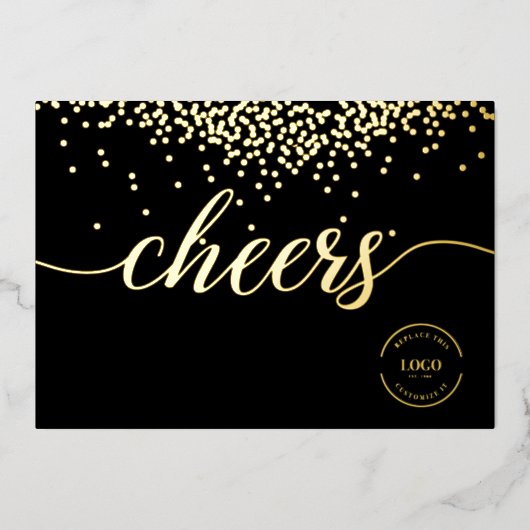 Elegant gold confetti on black Cheers logo Folien Feiertagskarte (Vorderseite)