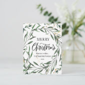 Elegant Gold Confetti Pine Foliage Green Script Feiertagspostkarte (Stehend Vorderseite)