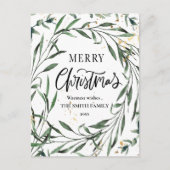 Elegant Gold Confetti Pine Foliage Green Script Feiertagspostkarte (Vorderseite)