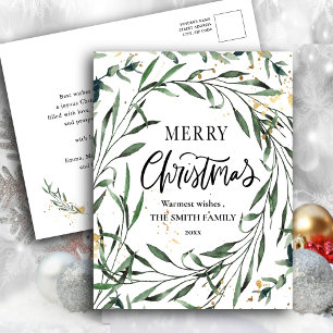 Elegant Gold Confetti Pine Foliage Green Script Feiertagspostkarte