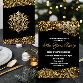 Elegant Gold Confetti Snowflakes New Year Party Einladung
