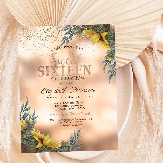 Elegant Gold Confetti, Sonnenblumen Süß 16 Einladung