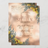 Elegant Gold Confetti, Sonnenblumen Süß 16 Einladung (Vorne/Hinten)