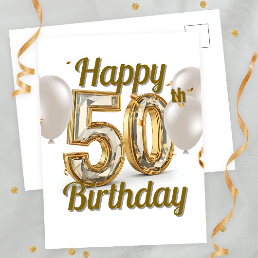 Elegant Gold Confetti und Balloons 50. Geburtstag Postkarte