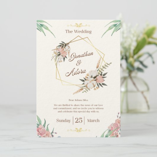 Elegant Gold & Cream Minimalist Wedding Invitation Einladung (Stehend Vorderseite)
