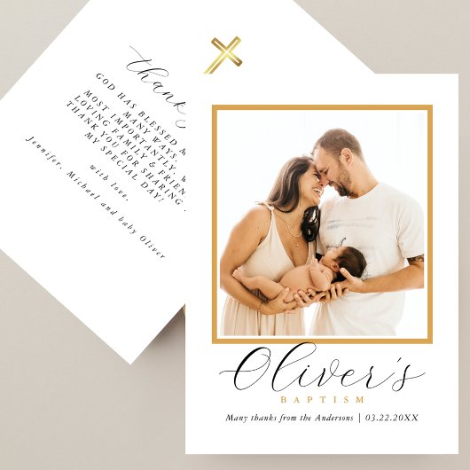 Elegant Gold Cross Baby´s Baptism Photo Script Dankeskarte