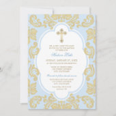 Elegant Gold Cross Blue Damask Baby Boy Baptisse Einladung (Vorderseite)