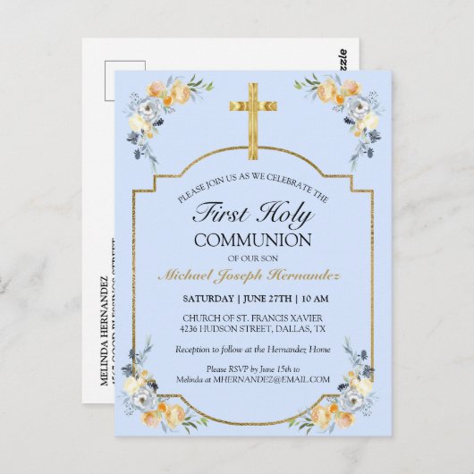 Elegant Gold Cross Blue Floral 1. Heilige Kommune Postkarte (Vorne/Hinten)