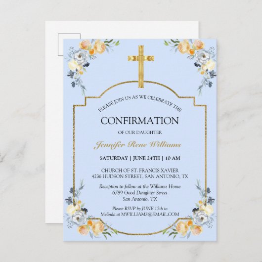 Elegant Gold Cross Blue Floral Confirmation Invita Einladungspostkarte (Vorne/Hinten)