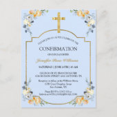 Elegant Gold Cross Blue Floral Confirmation Invita Einladungspostkarte (Vorderseite)