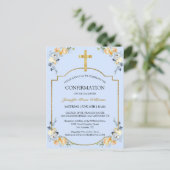Elegant Gold Cross Blue Floral Confirmation Invita Einladungspostkarte (Stehend Vorderseite)