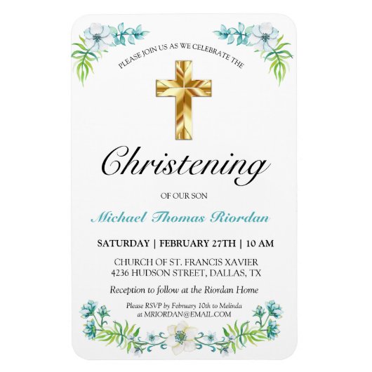 Elegant Gold Cross Boy's Blue Christening Magnet (Vertikal)