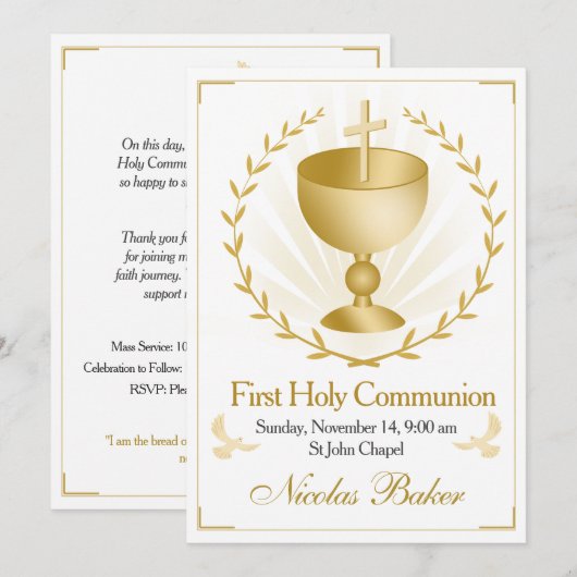 Elegant Gold Cross Chalice First Holy Communion Einladung (Vorne/Hinten)