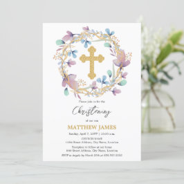 Elegant Gold Cross Christening Floral Einladung