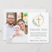 Elegant Gold Cross Eukalyptus Foto Taufe Dankeskarte (Vorderseite)