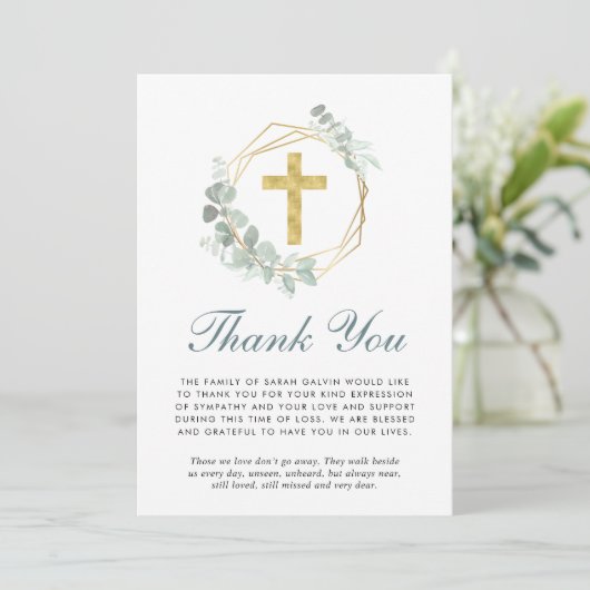 Elegant Gold Cross Eukalyptus Funeral Dankeskarte (Stehend Vorderseite)