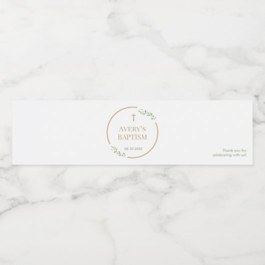 Elegant Gold Cross Greenery wreath Baptism custom Wasserflaschenetikett (Einzelnes Label)