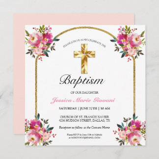 Elegant Gold Cross PInk Floral Taufen Einladung