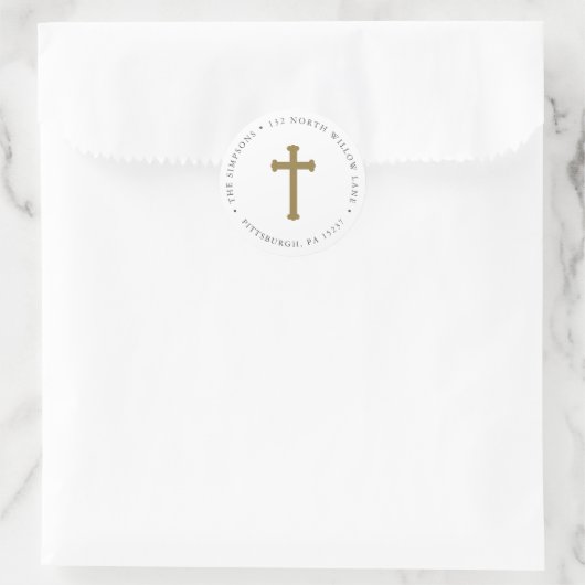 Elegant Gold Cross Return Address Runder Aufkleber (Tasche)