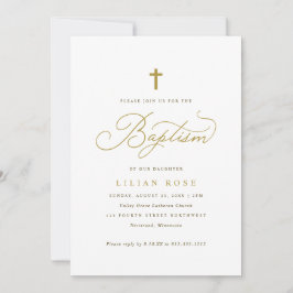 Elegant Gold Cross Script Calligraphy Baptism Einladung