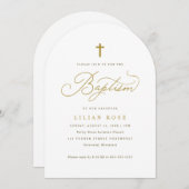 Elegant Gold Cross Script Calligraphy Baptism Einladung (Vorne/Hinten)