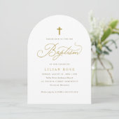 Elegant Gold Cross Script Calligraphy Baptism Einladung (Stehend Vorderseite)