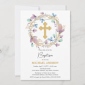 Elegant Gold Cross Taufen Bloral Einladung (Vorderseite)