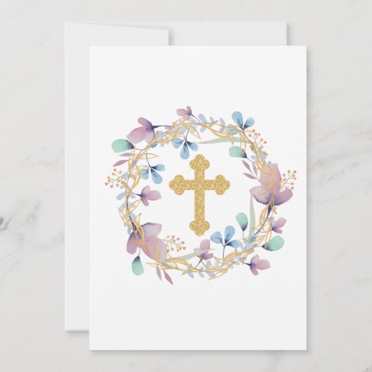 Elegant Gold Cross Taufen Bloral Einladung (Rückseite)