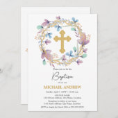 Elegant Gold Cross Taufen Bloral Einladung (Vorne/Hinten)