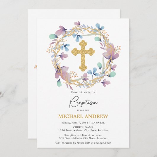 Elegant Gold Cross Taufen Bloral Einladung (Vorne/Hinten)