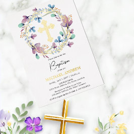 Elegant Gold Cross Taufen Bloral Folieneinladung