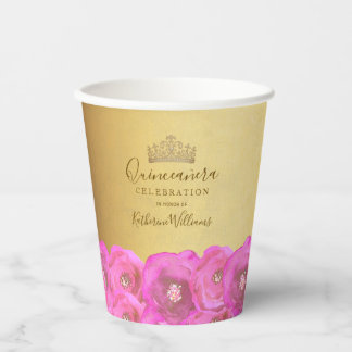 Elegant Gold Crown Pink Rose Floral Quinceañera Pappbecher