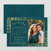 Elegant Gold Curls Teal Calendar & Photo Wedding Save The Date (Vorne/Hinten)