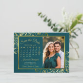 Elegant Gold Curls Teal Calendar & Photo Wedding Save The Date (Stehend Vorderseite)