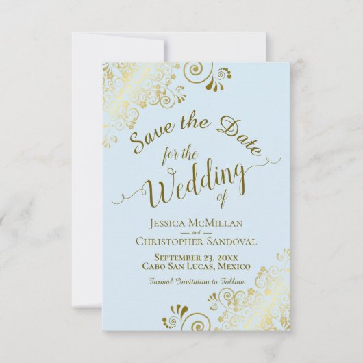 Elegant Gold Curly Filigree on Powder Blue Wedding Save The Date (Vorderseite)