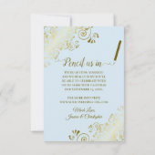Elegant Gold Curly Filigree on Powder Blue Wedding Save The Date (Rückseite)