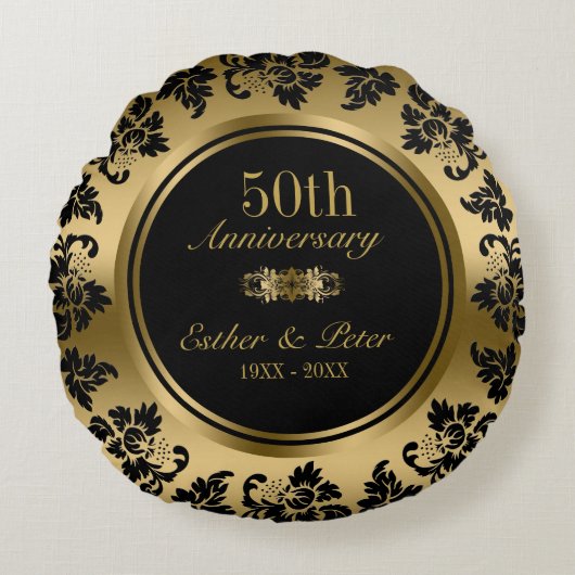 Elegant Gold Damask 50 Jahre Hochzeit Rundes Kissen (Vorderseite)