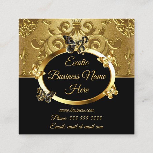 Elegant Gold Damask Blumenschmetterlinge auf schwa Quadratische Visitenkarte (Vorderseite)