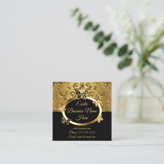 Elegant Gold Damask Blumenschmetterlinge auf schwa Quadratische Visitenkarte (Stehend Vorderseite)