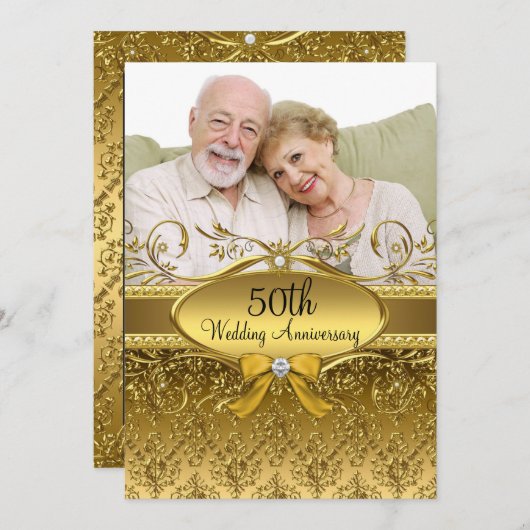 Elegant Gold Damask Foto Einladung zum 50. Jubiläu (Vorne/Hinten)