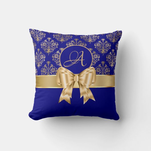 Elegant Gold Damask Monogram auf Navy Blue Kissen (Vorderseite)