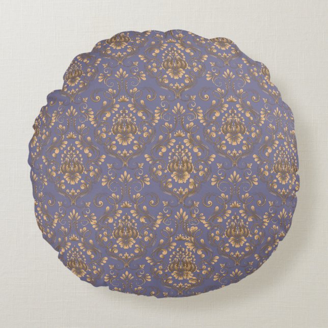 Elegant Gold Damask on Periwinkle Blue Rundes Kissen (Vorderseite)