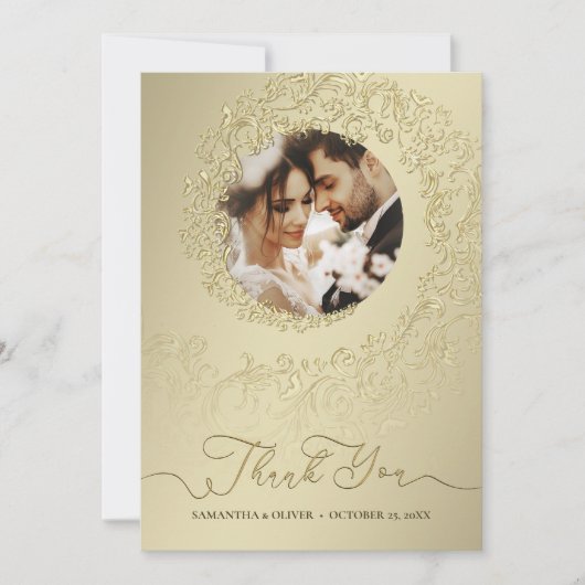 Elegant Gold Damask Wedding Danke Foto (Vorderseite)
