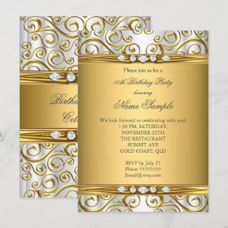 Elegant Gold Damask White Diamond Geburtstagsparty Einladung