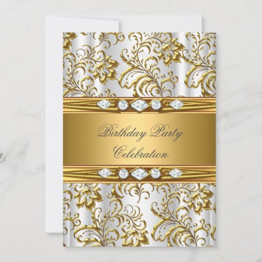 Elegant Gold Damask White Silver Diamond Geburtsta Einladung (Rückseite)