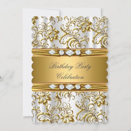 Elegant Gold Damask White Silver Diamond Geburtsta Einladung (Rückseite)