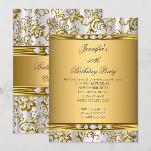 Elegant Gold Damast Weiß Silber Diamant Geburtstag Einladung