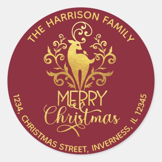 Elegant Gold Deer Frohe Weihnachtsadresse Red Runder Aufkleber (Vorderseite)